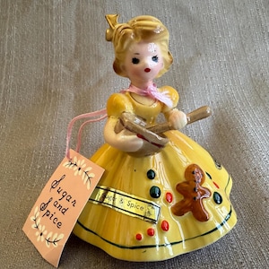 RARE JOSEF Originals &quot;Sugar & Spice&quot; Figurine, 1960s Favorite Sayings Series, Porcelain Girl Yellow Dress, Mixing Bowl, Gingerbread Man
