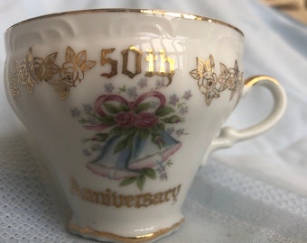 Vintage 50th Anniversary Teacup, Happy Anniversary Gift, Golden Anniversary Gift, c1950-60s, Gold Trim, Bells Fine China, NORCREST, Japan