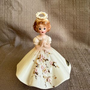 1960s JOSEF Originals Figurine, First Communion Bride, 24K Gold Trim, White Dress with Pink Flowers, Made in Japan