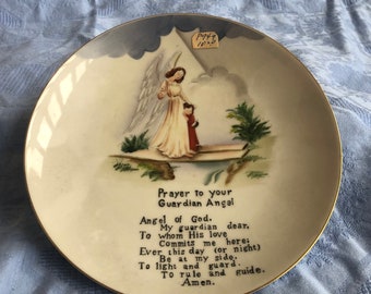 Vintage Ceramic Decorative Plate, 1950s Wall Decor, Guardian Angel Saying, Gold Trim, EXCELLENT Condition, Plate or Dish Wall Hanging, Japan