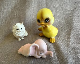 BONE CHINA Ceramic Animal Figurines, 1960s Josef Originals Cat, Norcrest Chick, Pink Elephant, For Dollhouse, Home Decor, Made in Japan