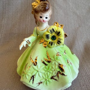 Musical JOSEF ORIGINALS &quot;May&quot; Girl, Birthday Emerald Green Porcelain Music Box Doll, 24K Gold Trim, Rotation Piece Unattached, Made in Japan
