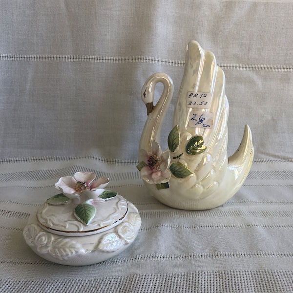 Vintage Ceramic NORCREST Swan Planter & Trinket Dish, MINT Condition, 1940s Lusterware Porcelain Applied Pink Flowers Ring Dish with Lid