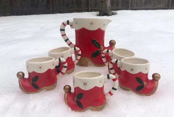 Vintage Christmas NAPCO Candy Cane Santa Boot Pitcher & Mug Set