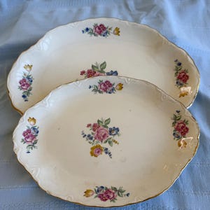 1960s Vintage Floral Platters, Set of 2, Porcelain Oval China Platter, Ceramic Serving Dish, 22K Gold Trim, Red Blue Yellow Flowers, Japan