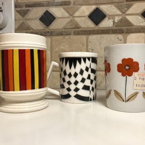 MCM Ceramic Mug, MINT Condition, 1960s Yellow and Orange Stripes and Flowers, B&W Checkered Mug, Vintage Porcelain Pedestal Cup, Japan