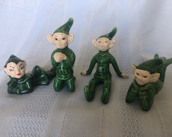 1950s CHRISTMAS ELVES, Set of 4, Vintage Gilner Ceramic Pixie Elf Figurines, Green Elves, Kitschy Decor, One has Unnoticeable Repair, Japan