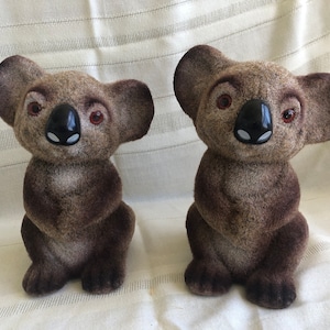Mid-century Koala Bear Coin Bank, Flocked Piggy Bank, Koala Bears Vintage Ceramic Figurine, Fuzzy Brown with Black Nose, Made in Japan