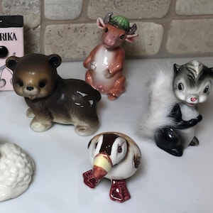 NORCREST 1950-60s Ceramic Figurines, Anthropomorphic Porcelain Bear, Puffin, Cow and Skunk, Single S&P Shakers, Made in Japan