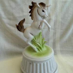 Vintage 1960s Unicorn Music Box, Whimsical Rotating Carousel, Music is Born Free, Easy REPAIR, White Brown Rearing Unicorn, Gift for Girl