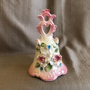 Vintage Lusterware Pink Bell, Porcelain Floral Bells, 1940s Ceramic 5.5&quot; Tall, Very Elegant Dinner Bell, Pink Roses Bell, Made in Japan