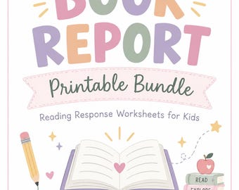 May include: A printable book report bundle featuring the text BOOK REPORT Printable Bundle Reading Response Worksheets for Kids. The design includes a pencil, an open book with a heart, and a stack of three books labeled READ EXPLORE GROW.