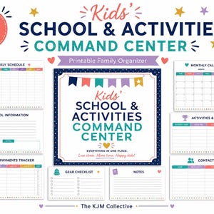 May include: A 12-page printable Kids' School & Activities Command Center organizer. The set includes templates for a weekly schedule, school information, fees and payments tracker, monthly calendar, activities and teams, gear checklist, and notes.