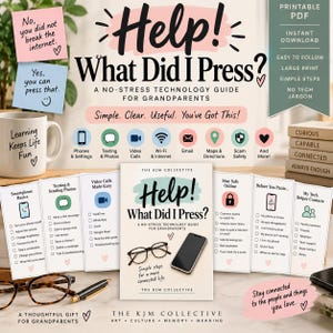 Op de afbeelding: Een technologiegids getiteld Help! What Did I Press? A No-Stress Technology Guide for Grandparents, met een omslag met een bril en een smartphone. De set bevat instructiekaarten voor smartphones, sms-berichten, videogesprekken en veiligheid.