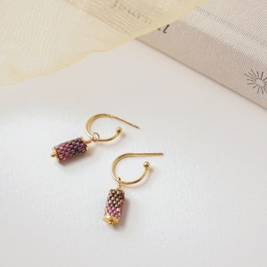 Mini Hoop Earring With Ombre Pink Charm 18K Gold Plated image 1