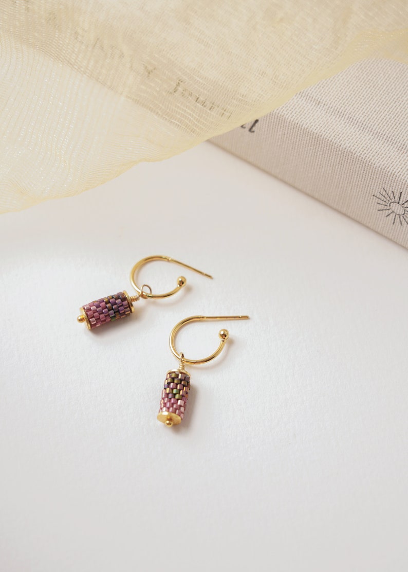 Mini Hoop Earring With Ombre Pink Charm 18K Gold Plated image 1