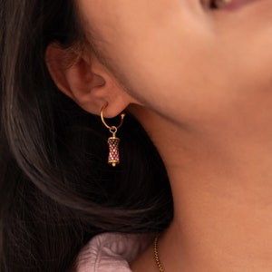 Mini Hoop Earring With Ombre Pink Charm 18K Gold Plated image 3