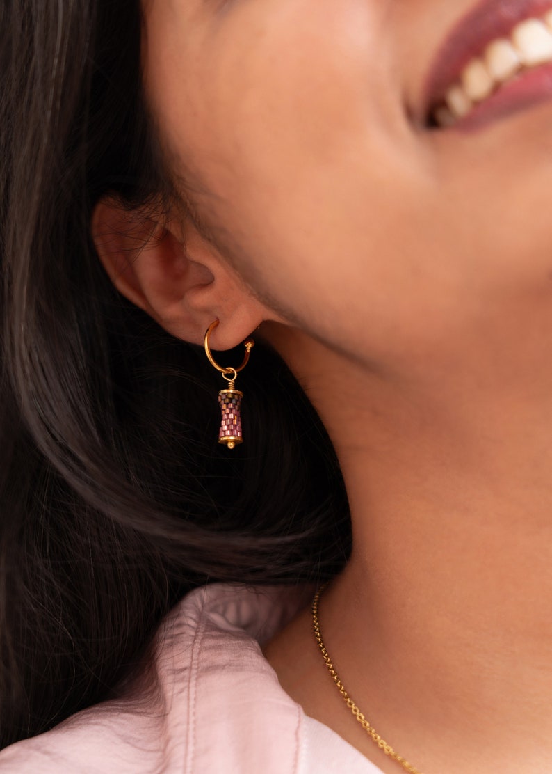 Mini Hoop Earring With Ombre Pink Charm 18K Gold Plated image 3