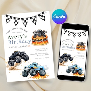 May include: A monster truck birthday invitation card featuring black and white checkered flags, a birthday cake with a monster truck topper, and two monster trucks in blue and black. The text reads: This is a monster truck bash! Join us for Avery's Birthday who is turning 10!