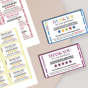 May include: A collection of rectangular thank you cards for e-commerce sellers. The cards feature the text Thank you for your purchase, a request for a positive review, five stars, and contact information. They are printed in red, yellow, blue, and purple.