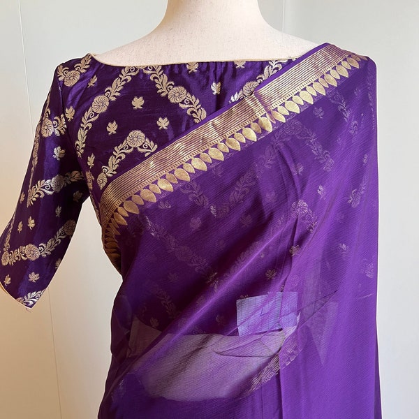 Purple Chiffon Saree with Banarasi Blouse, Ethnic wear Party Wear saree, Traditional Chiffon Saree, Indian Saree