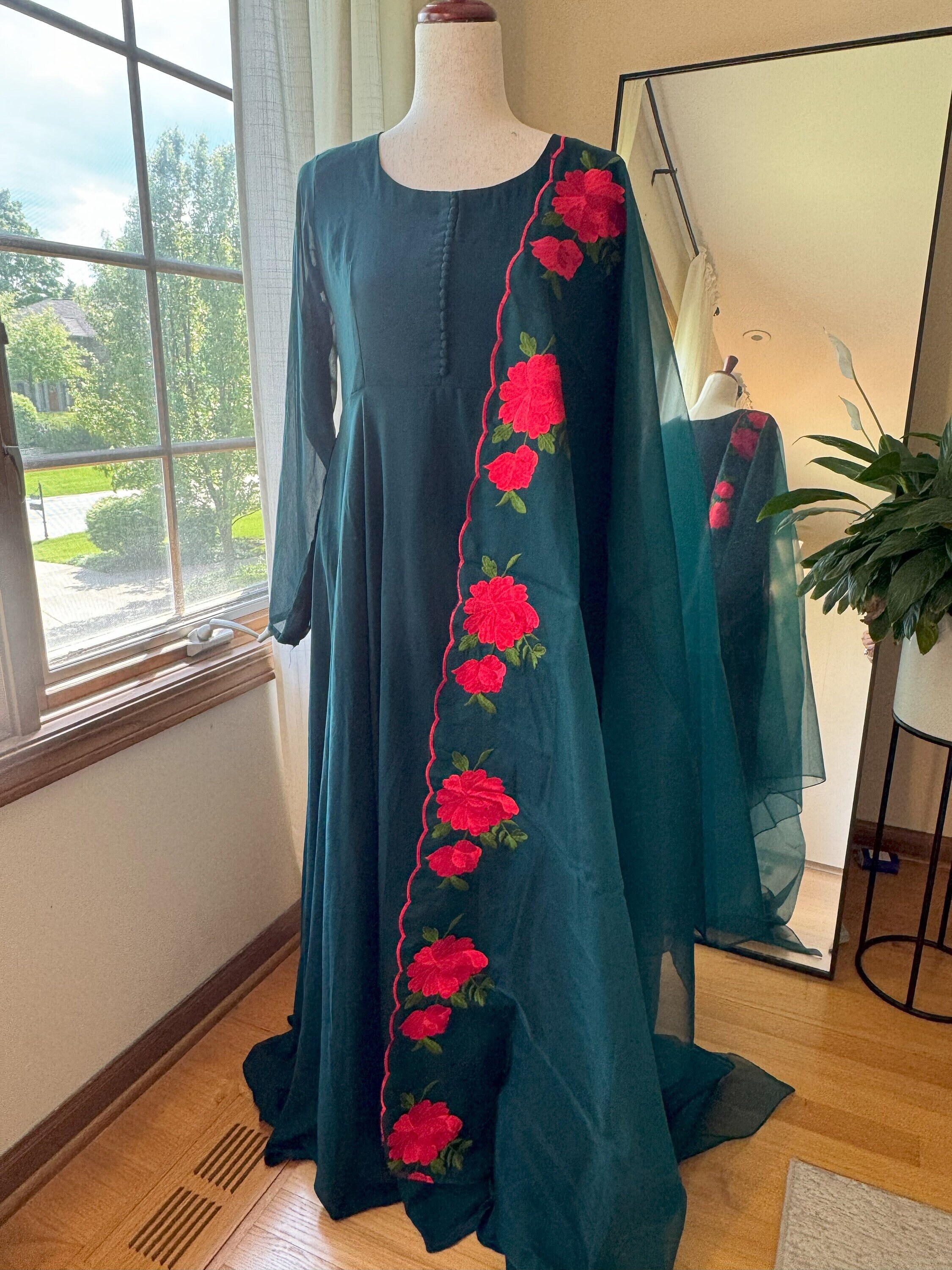 Peacock Green Faux Georgette Double Flair Anarkali Gown with Organza Dupatta