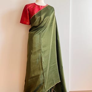 Green Tissue fancy Silk Scalap Saree with Pinkish Red Pure Silk Banarasi Brocade Stitched Blouse (SIZE L)
