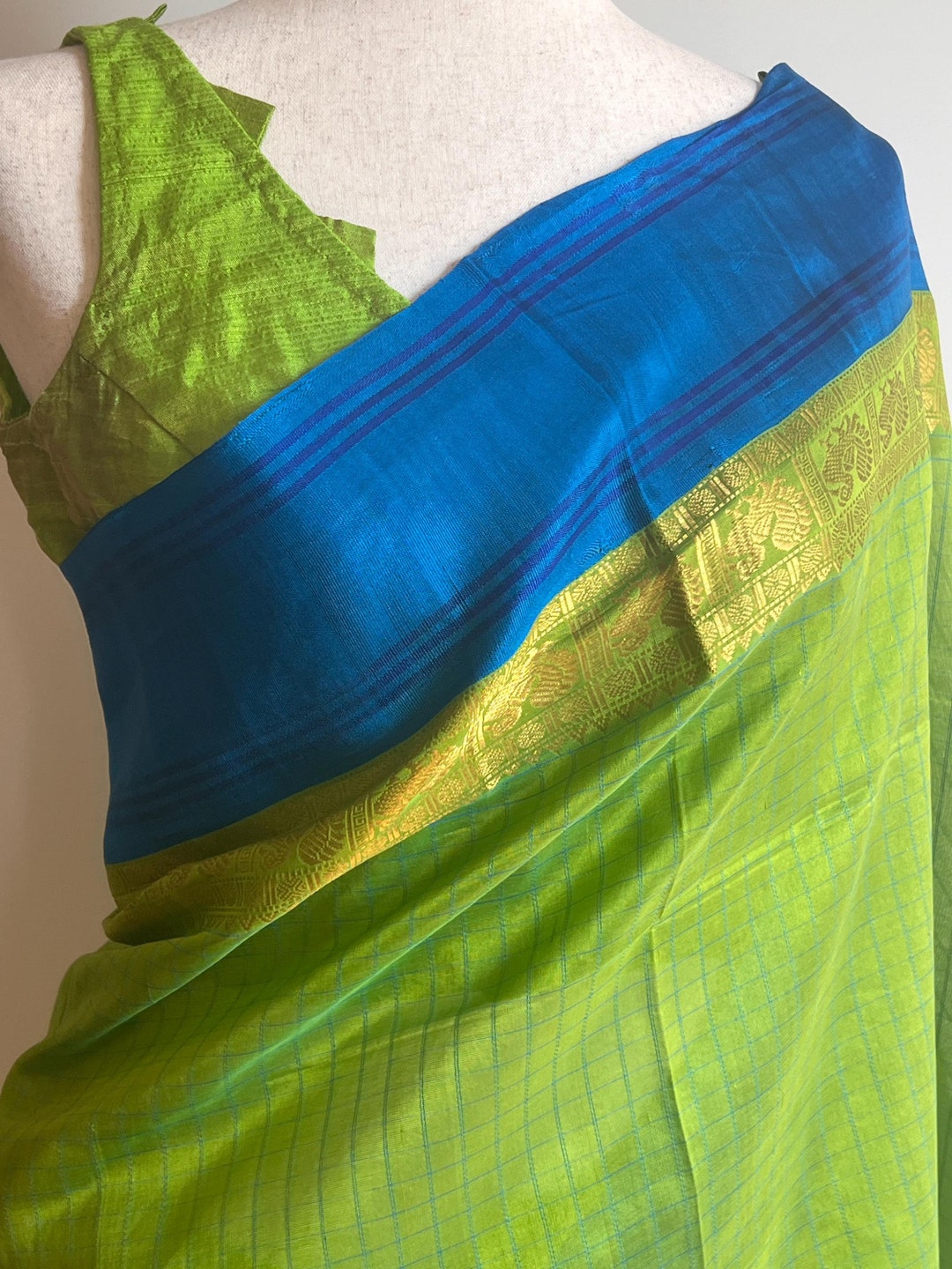 Green with Blue Semi Silk Saree With Hand Work Blouse Combo main image 0