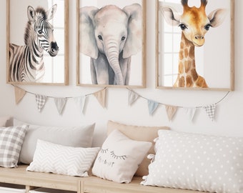 Safari nursery wall art, Giraffe Elephant Zebra, Watercolour Jungle Animal, Printable nursery wall art, Zoo animal print, Nursery decor