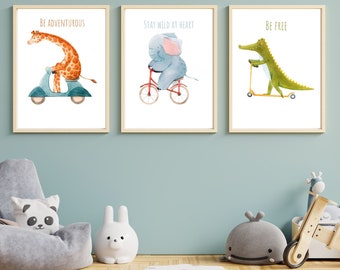 Set of 3 fun animal prints, boys bedroom decor, vehicle print, Giraffe Elephant Crocodile, Affirmation, playroom wall art, kids bedroom