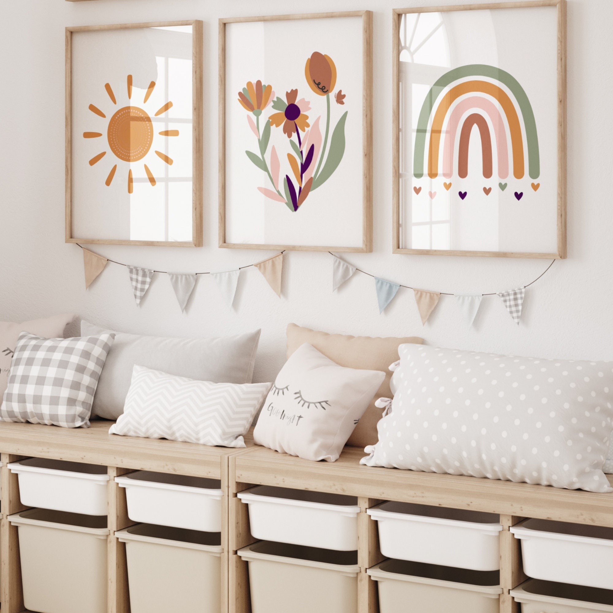 Boho rainbow sun wall art, Sun Rainbow Flowers, PRINTABLE Wall Art, Girl Nursery Decor, Girl Room Decor, Boho Nursery decor, Set of 3,
