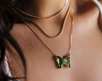 Butterfly Jewelry Set Gold Filled 18K | Woman Jewelry | Woman Necklace | Green Stone Earrings | Green Stone Necklace | Nature Inspired Jewel
