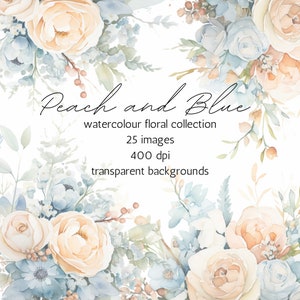 Blauwe bloemen clipart, perzik bloemen clipart, perzik en blauwe clipart, aquarel clipart, bloemen clipart, aquarel bloemen, bruiloft clipart