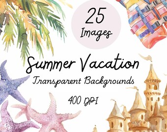 Summer Clipart, Watercolor Summer Clipart, Beach Clipart, Watercolor Beach, Watercolor Clipart, Vacation Clipart, Summer Vacation, PNG