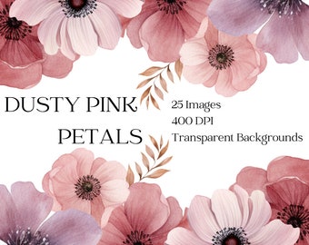 Dusty Rose Floral Clipart, Watercolor Floral Clipart, Dusty Rose, Dusty Pink, Floral Clipart, Watercolor Clipart, Wedding Clipart, PNG