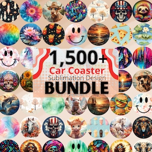 Car Coaster PNG Mega Bundle, 1500+Sublimation Design Instant Download, Round Earring, Cup Holder, Popular Floral Retro Smiley Butterfly 3D