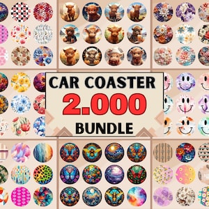 Car Coaster PNG Mega Bundle 2000+ For Sublimation Designs Car Cup Holder Round Earring Bundle Popular Floral Retro Smiley fall Highland cow