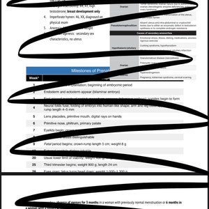 May include: A medical textbook page with a section on menstruation, focusing on amenorrhea, a condition where a person does not have a menstrual cycle. The page includes a table with causes of primary and secondary amenorrhea, as well as a section on milestones of prenatal development.
