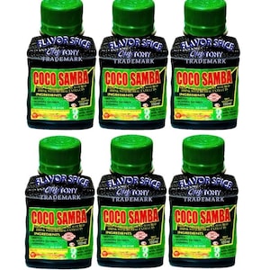 May include: Six small square bottles of Coco Samba drink with green screw caps. Each bottle features a black label with the text Flavor Spice, Coco Samba, and ingredients including water, aloe vera extract, and caramel, with a net volume of 100ml.