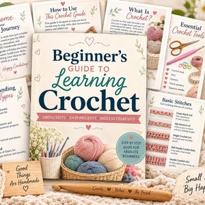 May include: A digital guide titled Beginner's Guide to Learning Crochet with 32 pages, featuring instructional cards on yarn types, basic stitches, and tools. The set includes a wooden crochet hook and a basket of yarn balls for beginners.