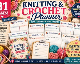 Crochet & Knitting Planner Printable PDF, Crochet Journal, Yarn Inventory Tracker, Pattern Organizer, Digital Download