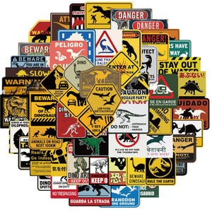 Pacote com 60 adesivos de advertência de dinossauro jurássico, sinais de perigo, decalques de PVC à prova d'água para crianças, brinquedos, caderno, scrapbooking, diário, planejador