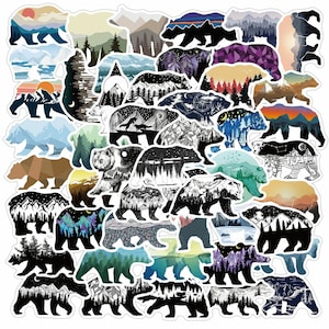 Pacote com 50 adesivos de silhueta de urso da montanha, madeira de urso pardo, grafite florestal
