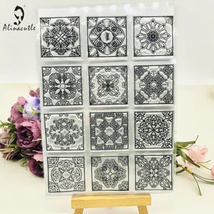 Jeu de tampons en silicone transparent pour la fabrication de cartes, motifs mandala, carreau décoratif carré pour scrapbooking, journalisation, fournitures pour travaux manuels, planificateur d'albums