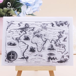 Set di timbri in silicone trasparente con mappa del mondo vintage, design per scrapbooking, biglietti, diario, pianificatore di viaggio, album, forniture per bricolage