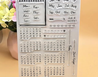 May include: Clear transparent stamp sheet with calendar grids, days of the week, months of the year, and phrases like "Just a Note!" and "Don't Forget".