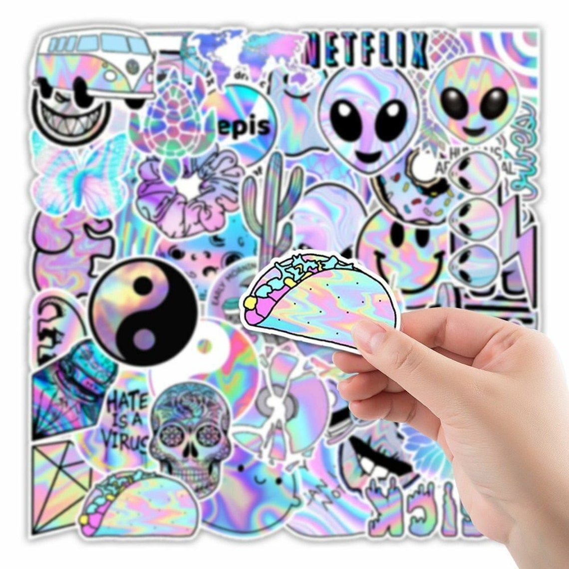 50pcs Cartoon Holographic Laser Style Stickers Pack Scrapbooking Diary ...