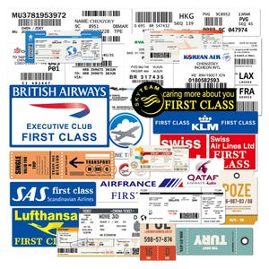 30 pièces d'autocollants de billets de voyage vintage, étiquettes de carte d'embarquement de compagnie aérienne rétro, étiquettes de bagage de première classe, éphémères d'aviation pour décoration de scrapbooking