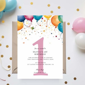 Kids first birthday party invitation or other birthday, simple balloons and confetti, editable template