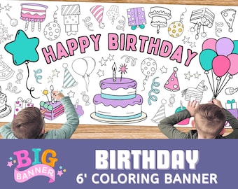GIANT Birthday Coloring Banner | Birthday Party Tablecloth Decoration | Coloring Table Runner Poster for Kids Activity | 6 Feet Long